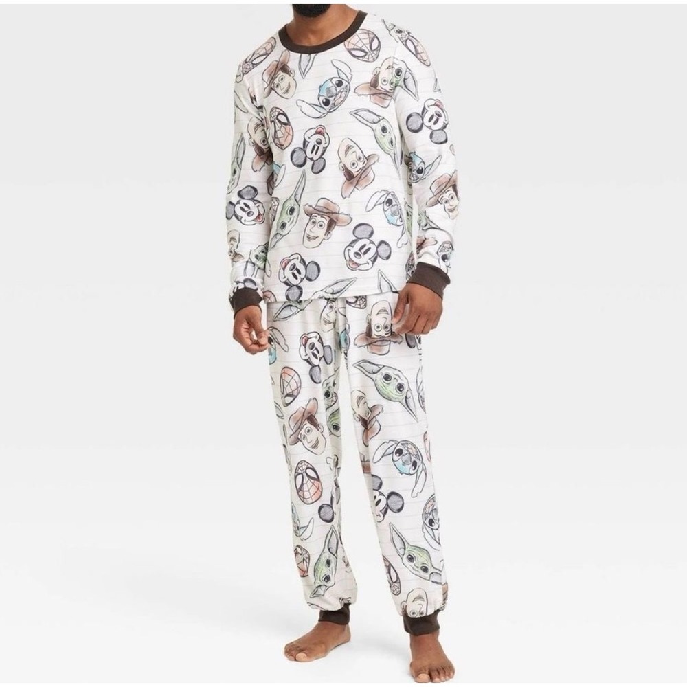Disney Men's Large 2-PC Sleep Set White‎ Disney 100 Character Sketch Print PJs